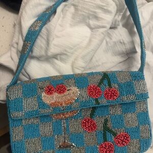 Anthropologie Blue and Silver Beaded Shoulder Bag
